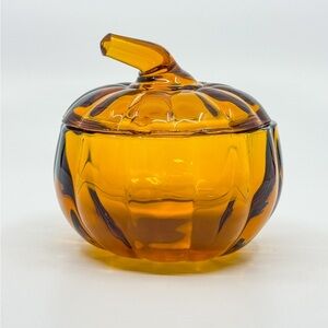 Vintage Hand Blown Amber Art Glass Pumpkin Jar with Lid • Studio Glass